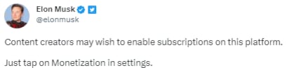 Tuit de Elon Musk anunciando monetización de influencers