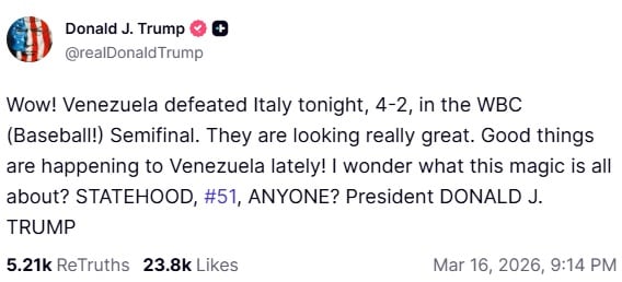 Trump reacciona al triunfo de Venezuela sobre EU en el Clásico Mundial 2026