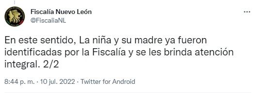 Tuit de la Fiscalía de Nuevo León