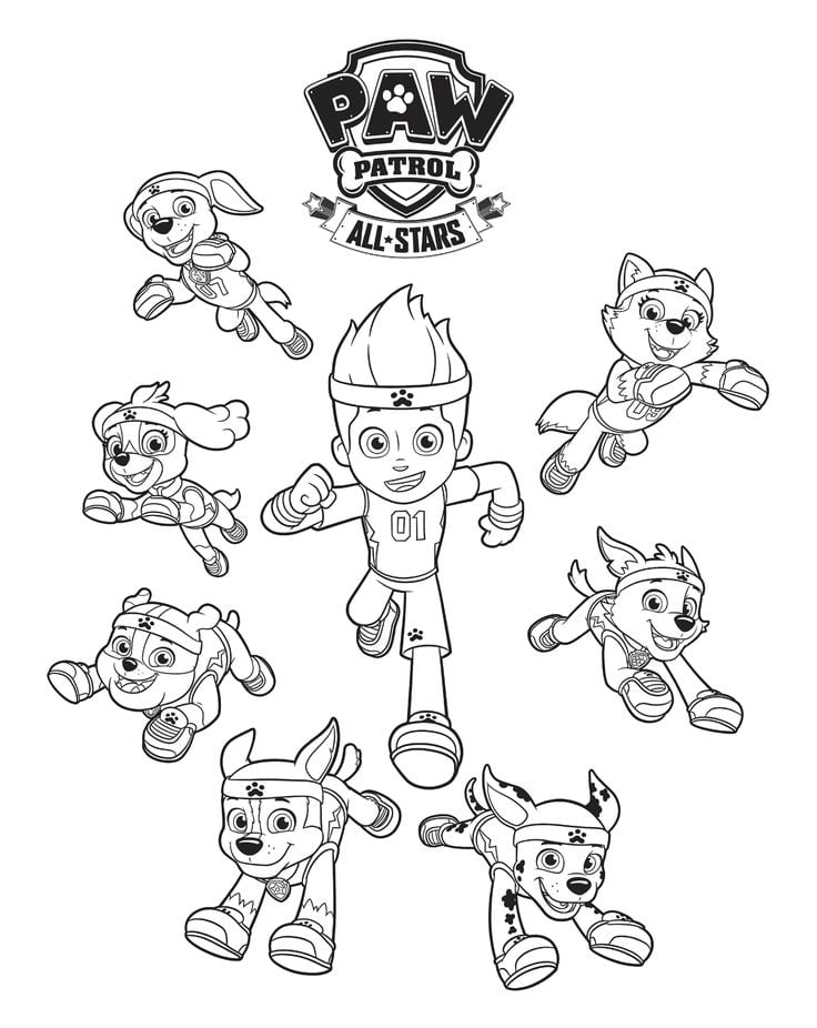 Dibujos del equipo completo de Paw Patrol para imprimir y colorear por el Día del Peluquero Canino