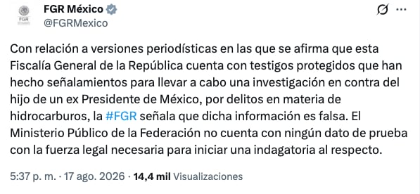 FGR niega investigación contra López Beltrán