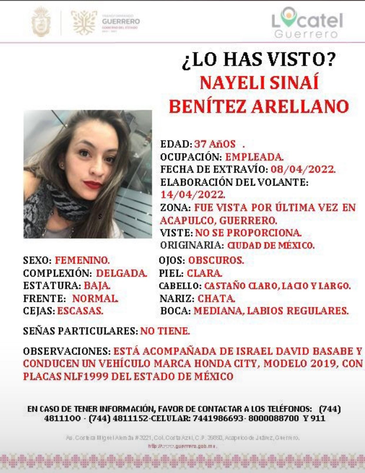 Ficha de desaparición de Locatel en Acapulco de Nayeli Sinaí Benitez Arellano, originaria de CDMX