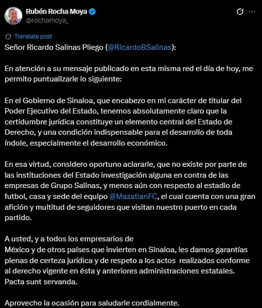 Rubén Rocha Moya aclara que no hay investigación contra Salinas Pliego en Sinaloa