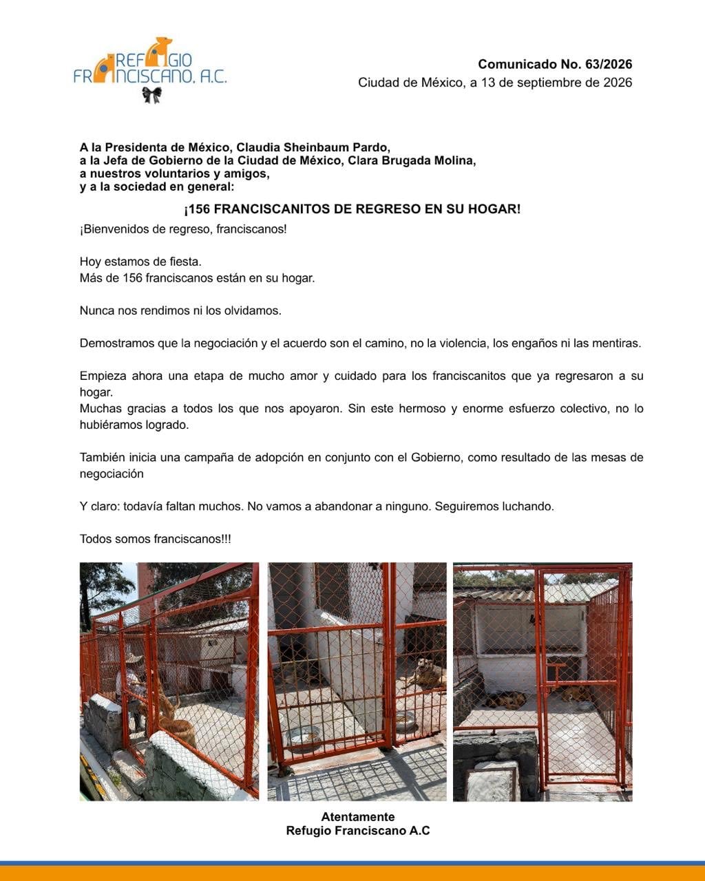 Comunicado del Refugio Franciscano sobre el regreso de los "franciscanitos".