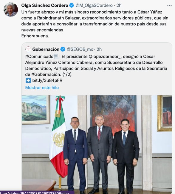 Olga Sánchez Cordero también felicita a César Yáñez
