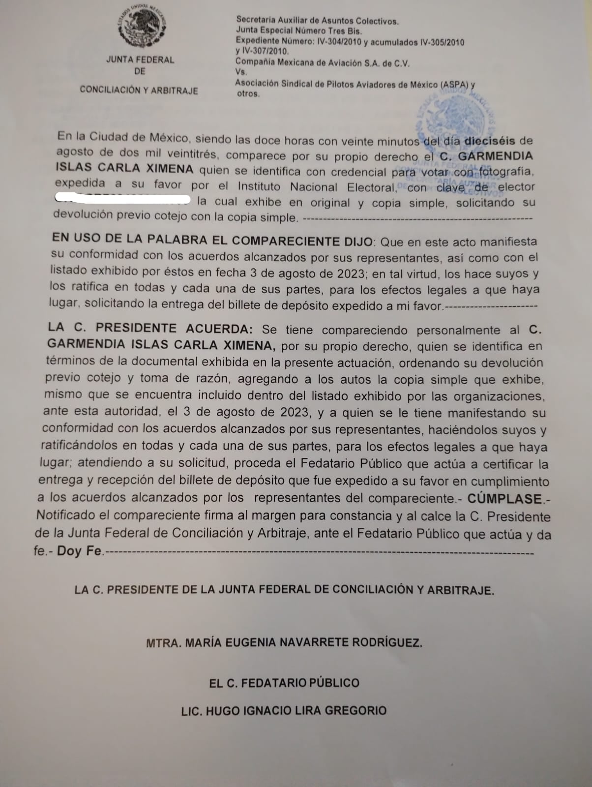 Documento de conformidad con venta Mexicana de Aviación