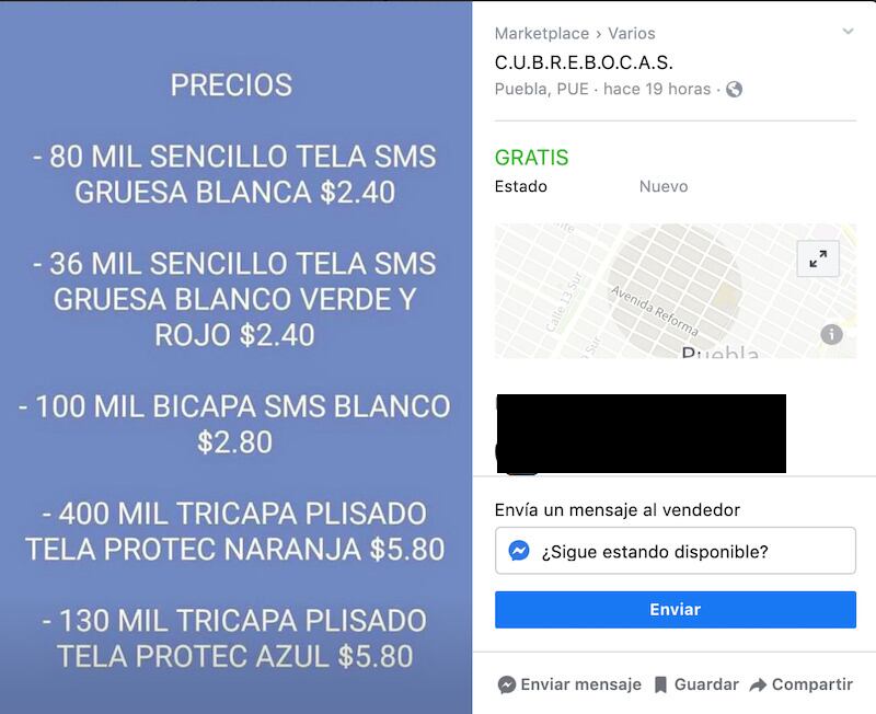 Venta de cubrebocas en FB