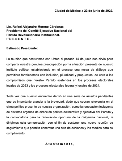 Carta de líderes del PRI