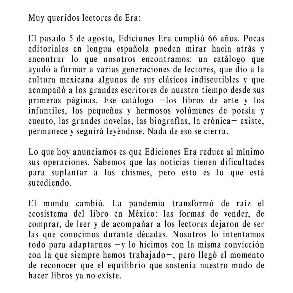 Ediciones Era aclara que no cierra y reducirá al mínimo sus operaciones