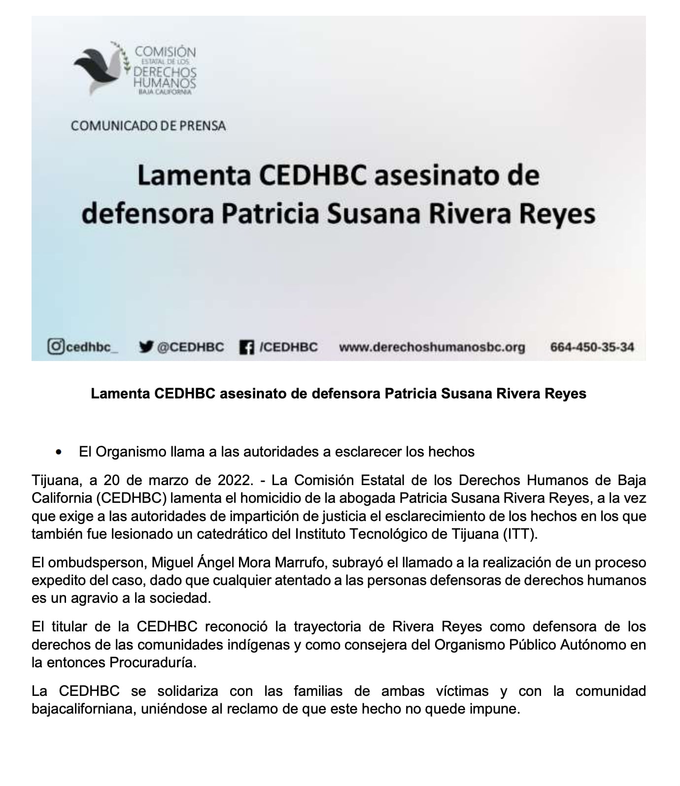 Comunicado CEDHBC