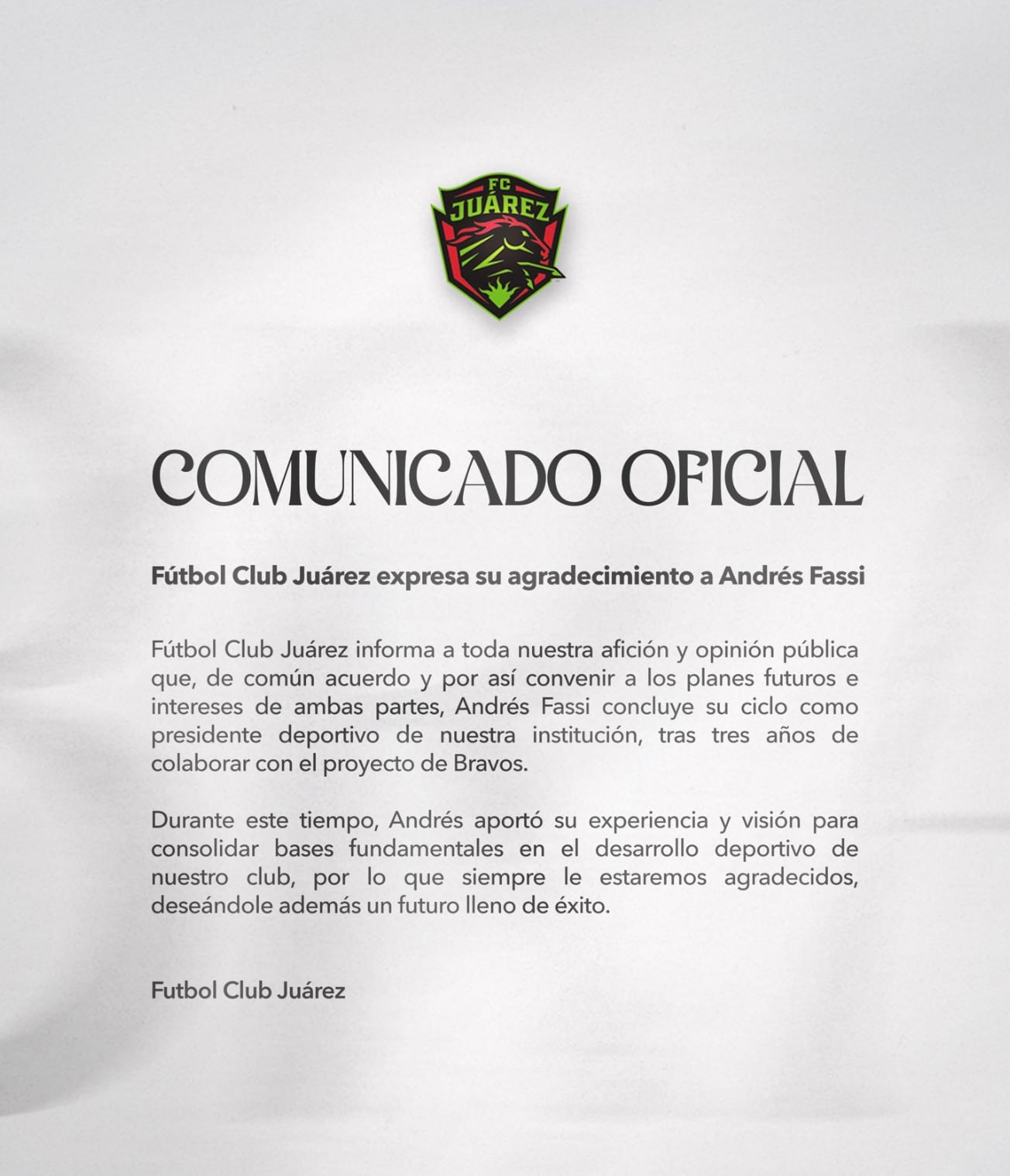 Andrés Fassi queda fuera de FC Juárez