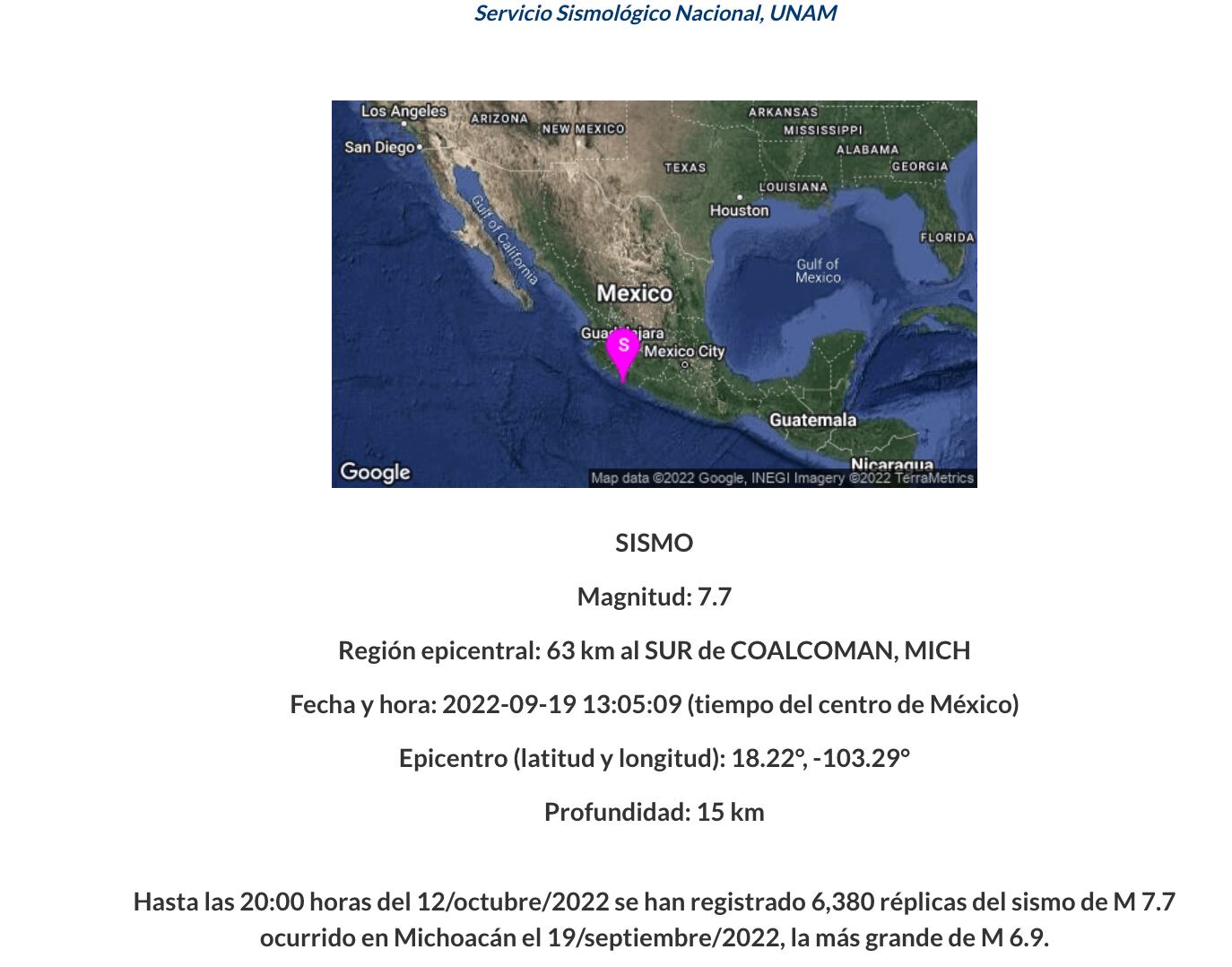 Réplicas del sismo del 19 de septiembre de 2022