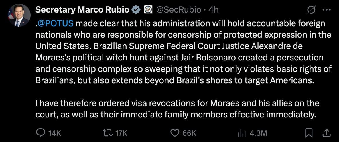 Marco Rubio sobre visa de Alexandre de Moraes