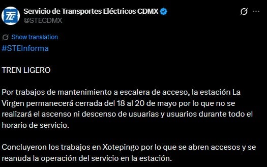Estación La Virgen estará cerrada tres días por mantenimiento