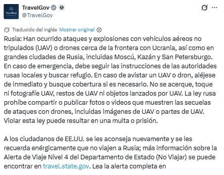 Estados Unidos advierte de ataques con drones en Rusia.
