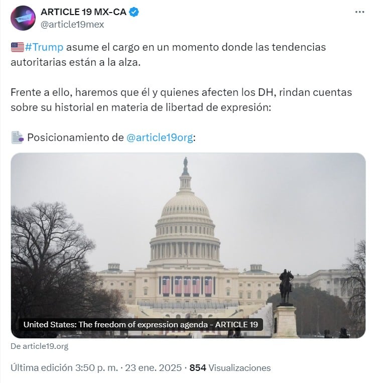 Libertad de expresión peligra con Donald Trump: Artículo 19