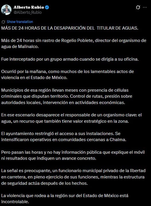 Malinalco: sigue desaparecido director de agua tras casi 48 horas