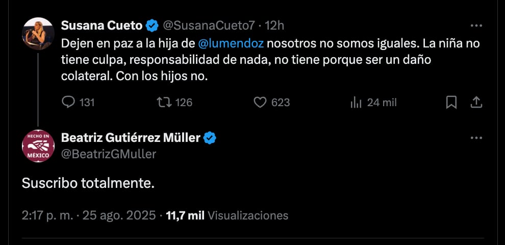 Beatriz Gutierrez suscribió un mensaje que pide un alto a los ataques a la hija de Lourdes Mendoza