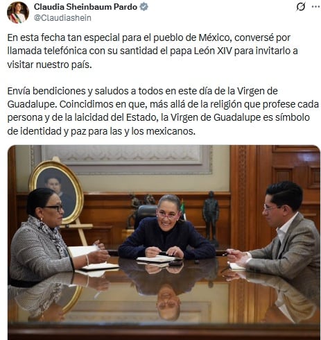 Claudia Sheinbaum y parte de su gabinete tiene llamada con el papa León XIV por el Día de la Virgen de Guadalupe.
