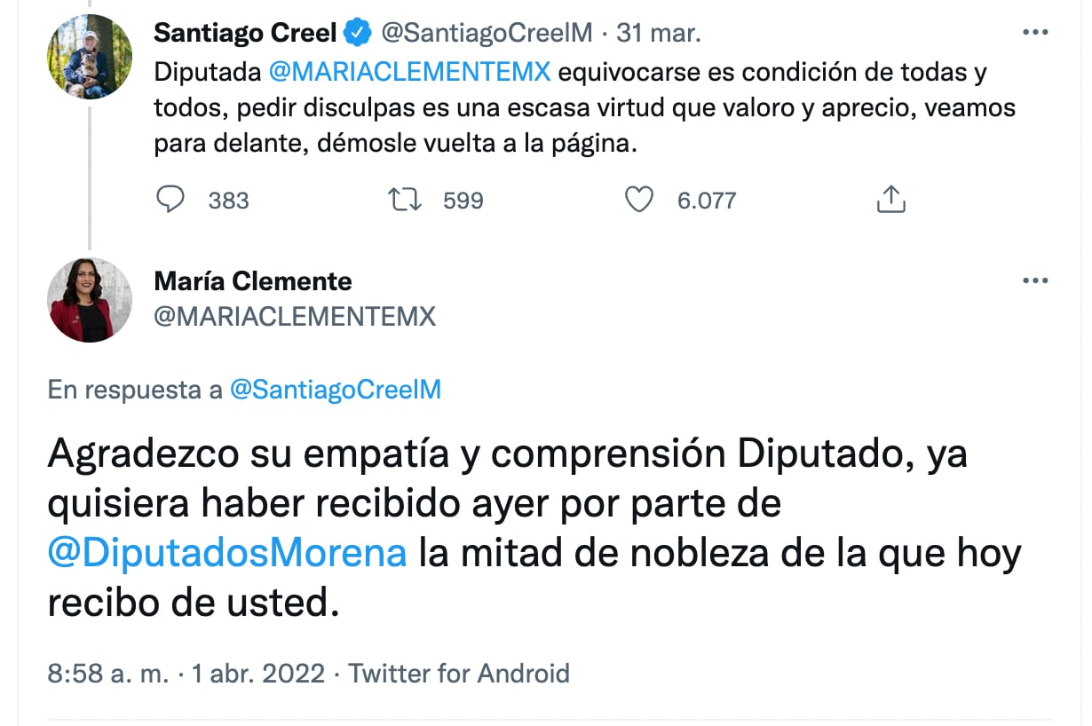 Santiago Creel acepta la disculpa de María Clemente García tras la sesión del 31 de marzo