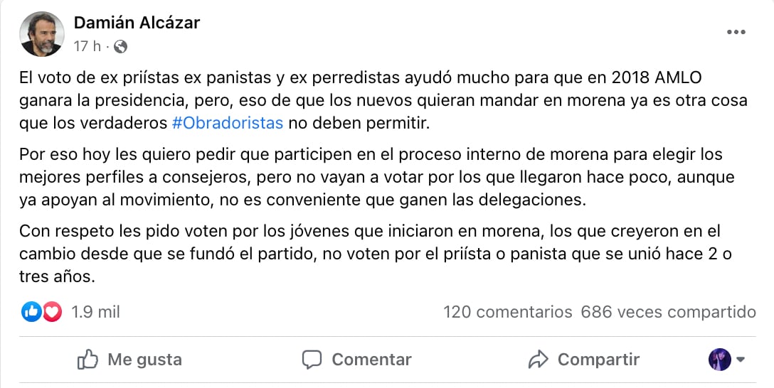 Damián Alcázar pide no votar por quienes quieren mandar y ni fundaron el partido