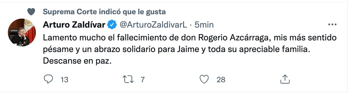 Arturo Zaldívar lamenta muerte de Rogerio Azcárraga