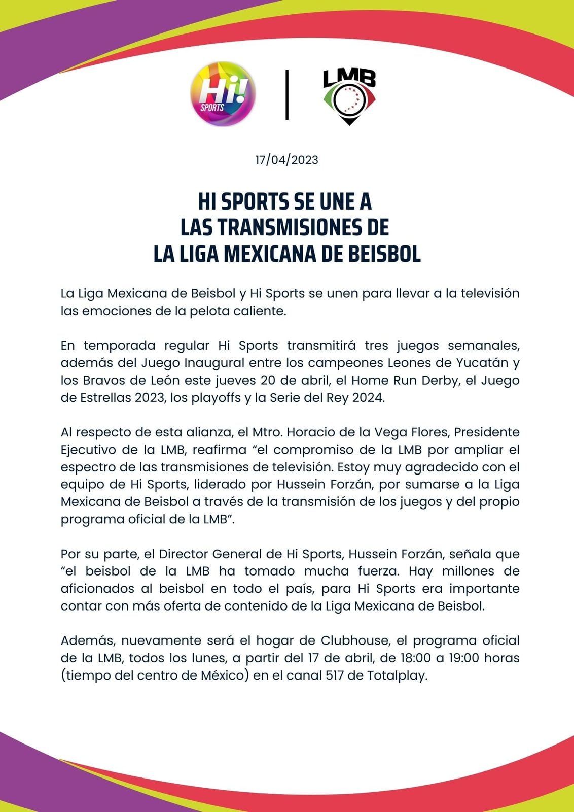 Hi Sports anuncia alianza con la LMB para transmitir la temporada 2023.