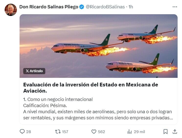 Ricardo Salinas Pliego se lanza contra Mexicana de Aviación