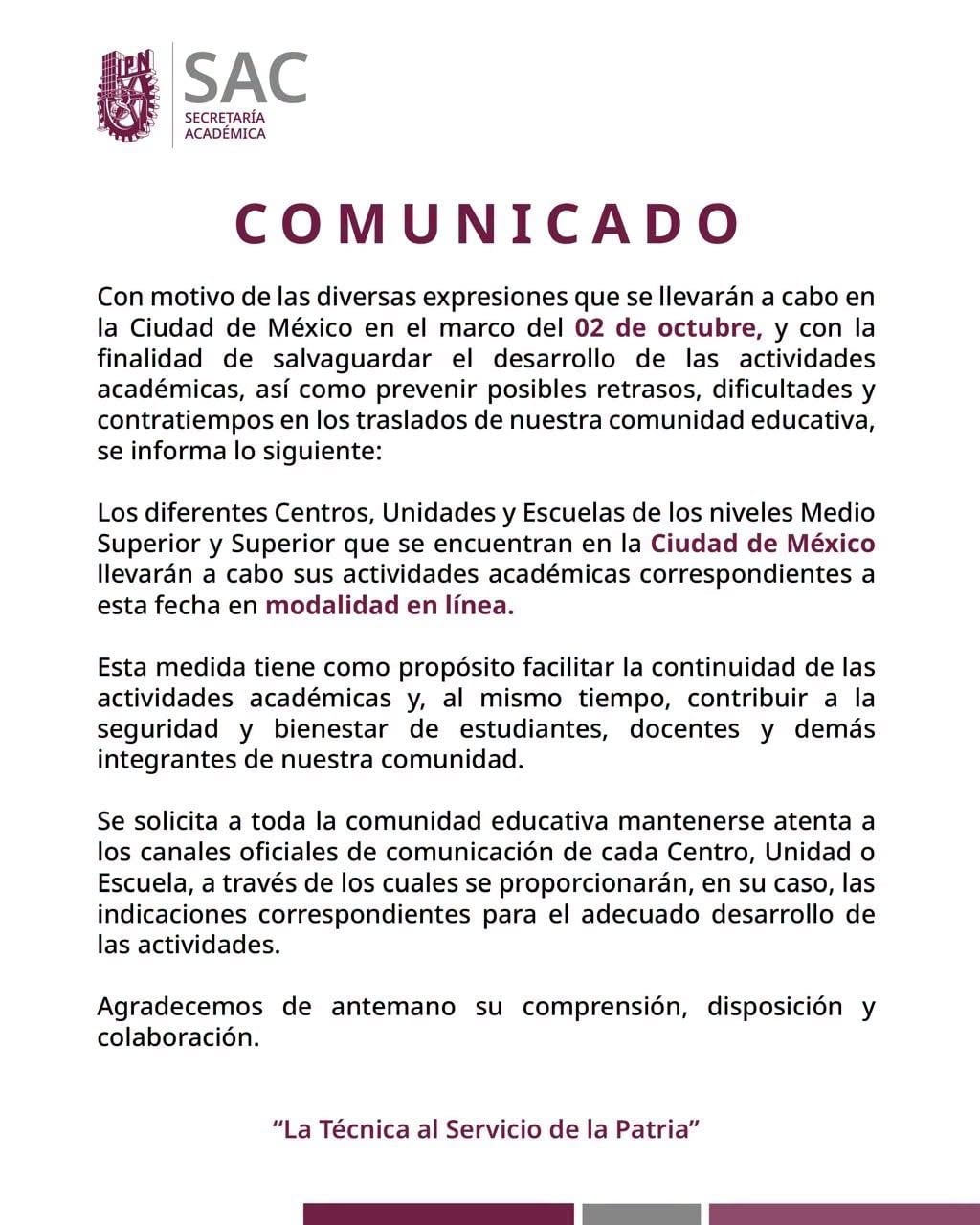 IPN cambia a clases en línea este viernes 2 de octubre