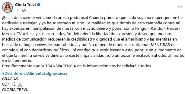 Gloria Trevi se defiende de acusaciones de Penguin Random House por demanda ante el IMPI.