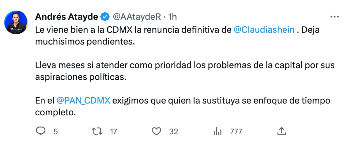 Andrés Atayde celebra renuncia de Claudia Sheinbaum a nombre del PAN en CDMX