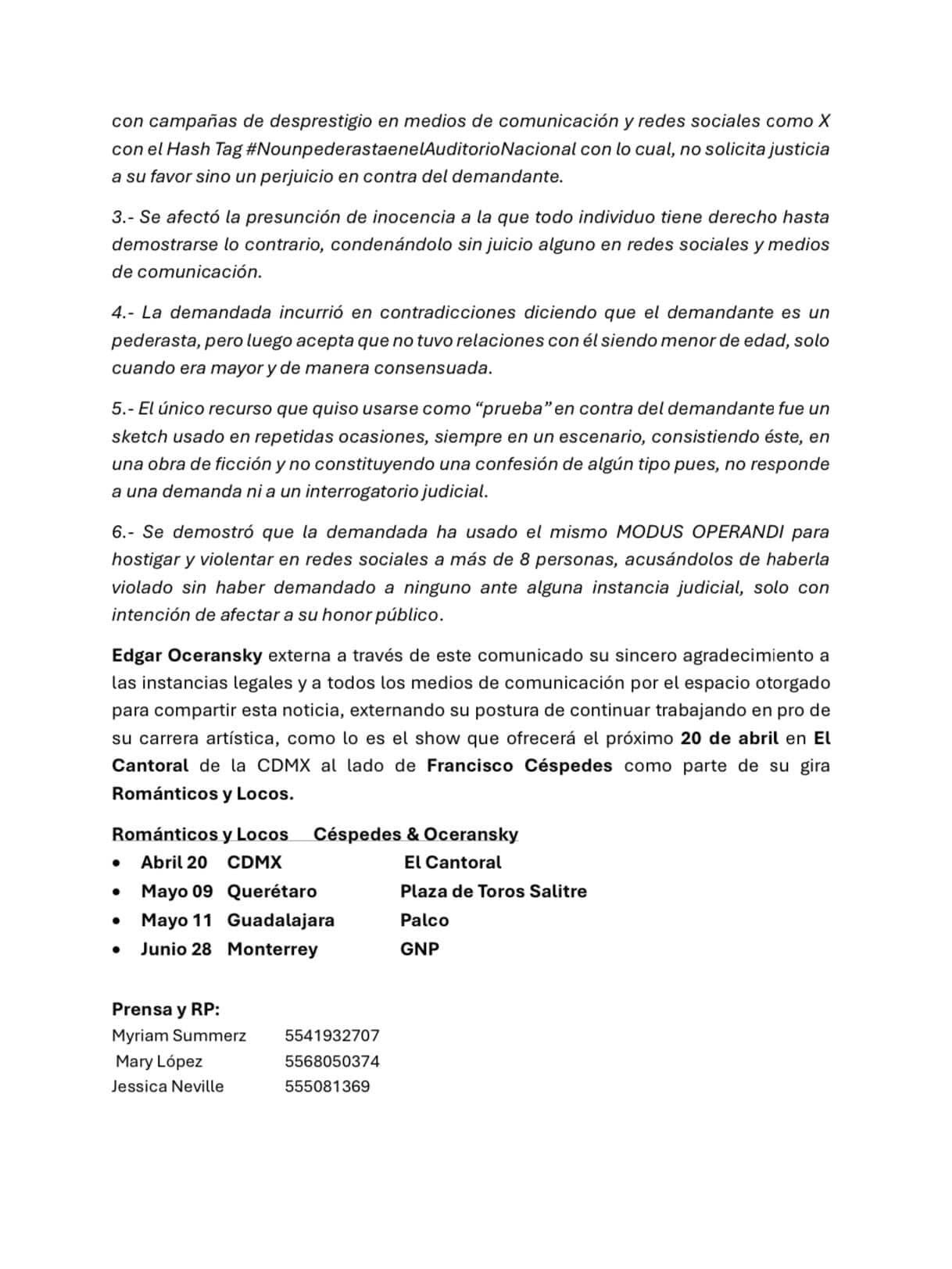 Comunicado de Edgar Oceransky por haber ganado demanda por daño moral a Anhelé.