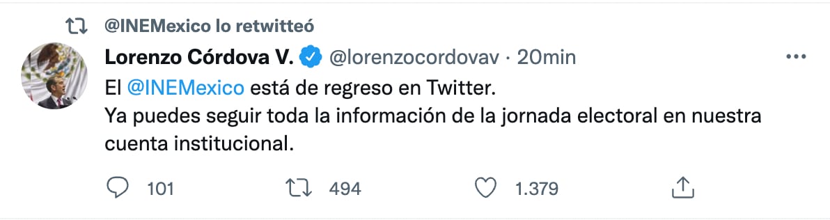 Cuenta del INE en Twitter regresa