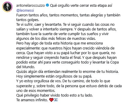 Antonela Rocuzzo dedica mensaje a Lionel Messi tras anunciar su retiro de la Selección de Argentina.