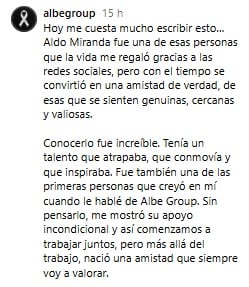 Mensaje del manager de Aldo Miranda ante su muerte.