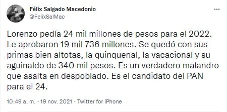 Tuit de Félix Salgado Macedonio
