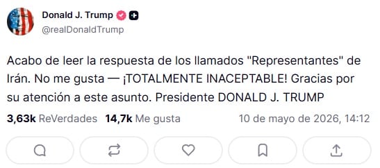 Totalmente inaceptable: Trump reclama respuesta de Irán a su propuesta de paz