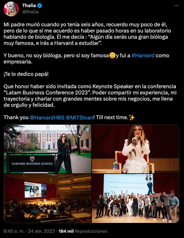 Thalía acude como conferencista a la Universidad de Harvard y recuerda a su papá
