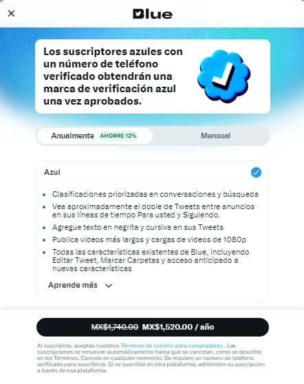 Precio anual de Twitter Blue