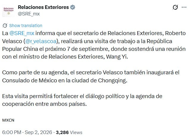 Roberto Velasco viajará a China el 7 de septiembre para reunirse con Wang Yi