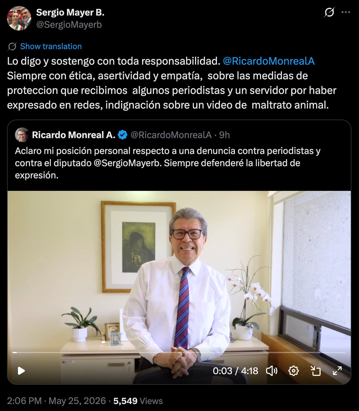 Monreal condena denuncia contra Sergio Mayer y cuatro periodistas