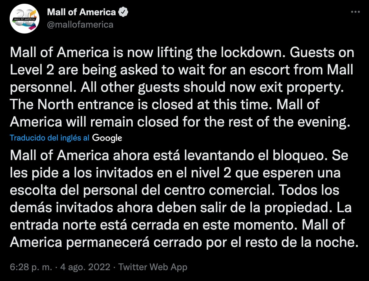 Se registra tiroteo en centro comercial de Bloomington, Minnesota en Estados Unidos