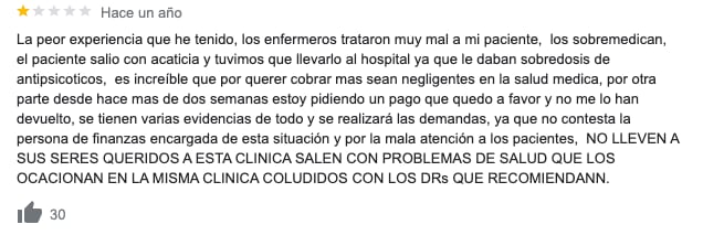 Opiniones en Google sobre la clínica Margarita, en la cual Ricardo O'Farrill fue internado