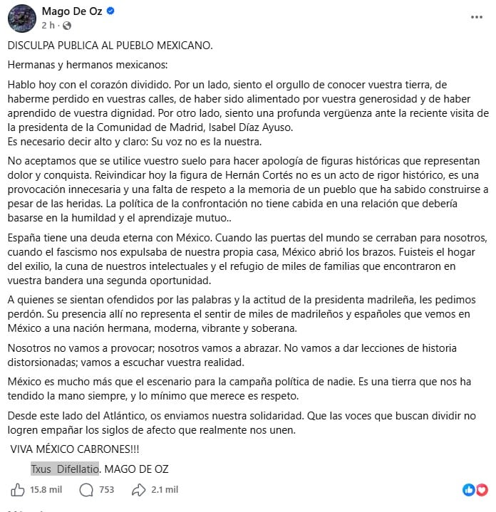 Mägo de Oz disculpa México visita Díaz Ayuso