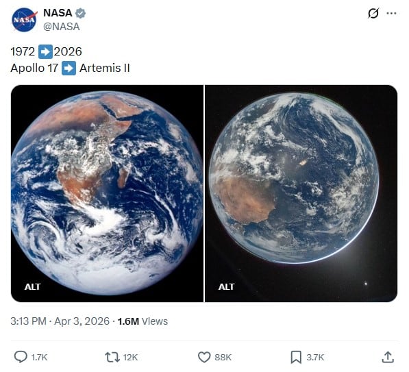 NASA revela cómo cambió la Tierra entre Apollo 17 y Artemis II en 54 años