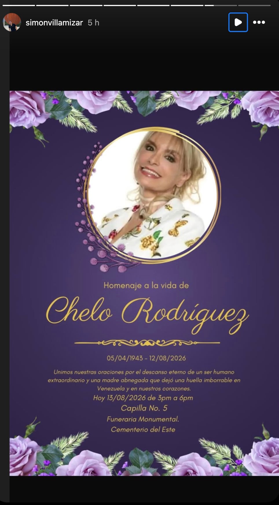 Chelo Rodríguez murió el 12 de agosto en Caracas
