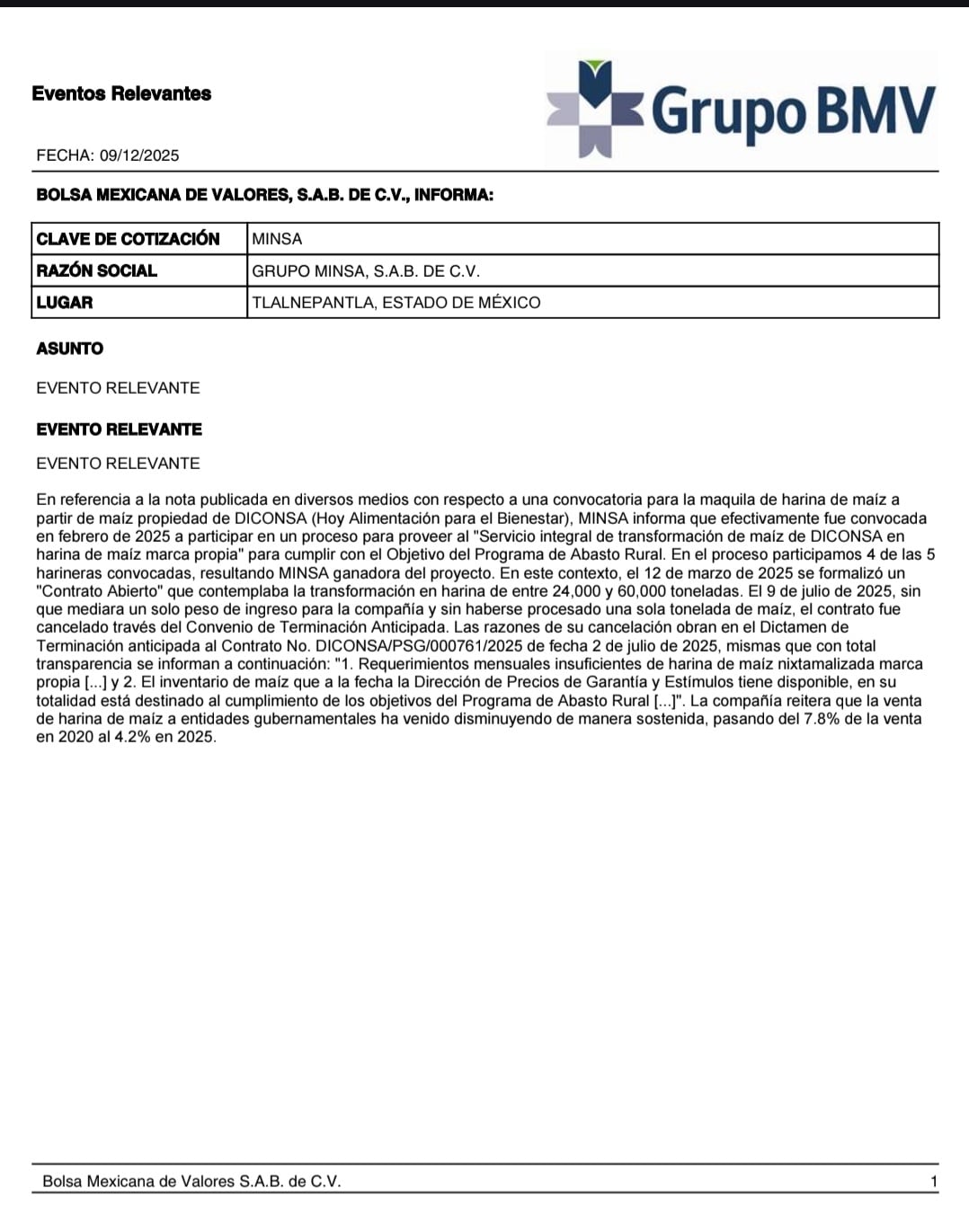 Grupo Minsa revocó contrato con el gobierno en julio de 2025, según BMV