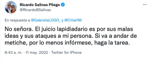 Ricardo Salinas Pliego le responde a Gabriela López Gómez/@RicardoBSalinas