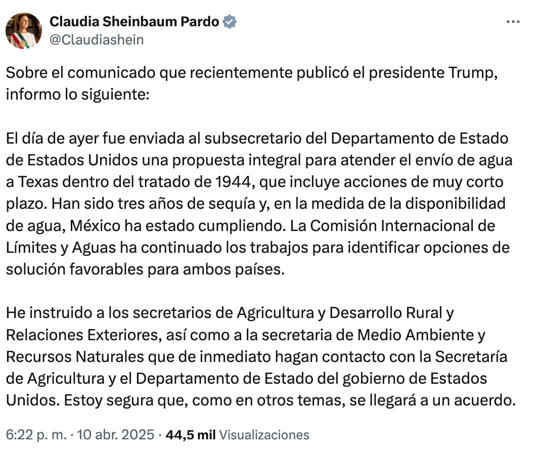 Claudia Sheinbaum responde a Donald Trump y amenaza de aranceles por agua para Texas: México cumple