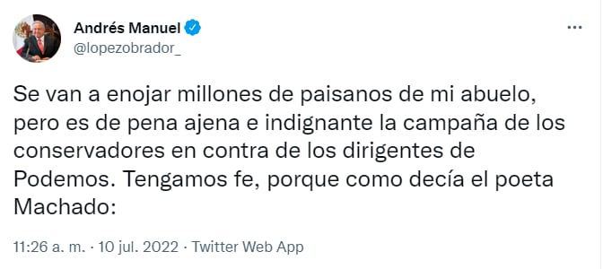 Reacción de AMLO ante presuntas acusaciones de la difusión de información falsa en contra de Podemos de España
